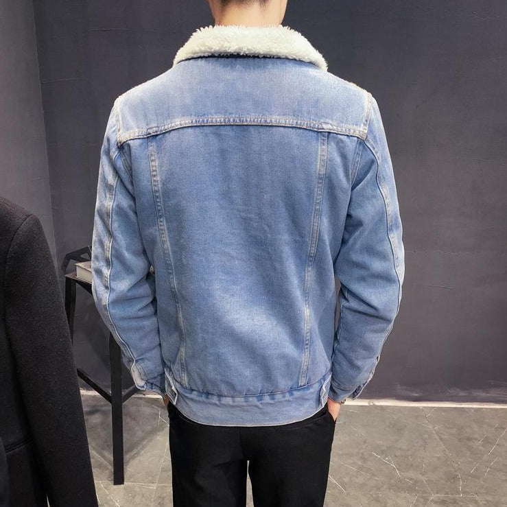 Antonios Ben Denim Jacket with faux fur-lined collar, back view.