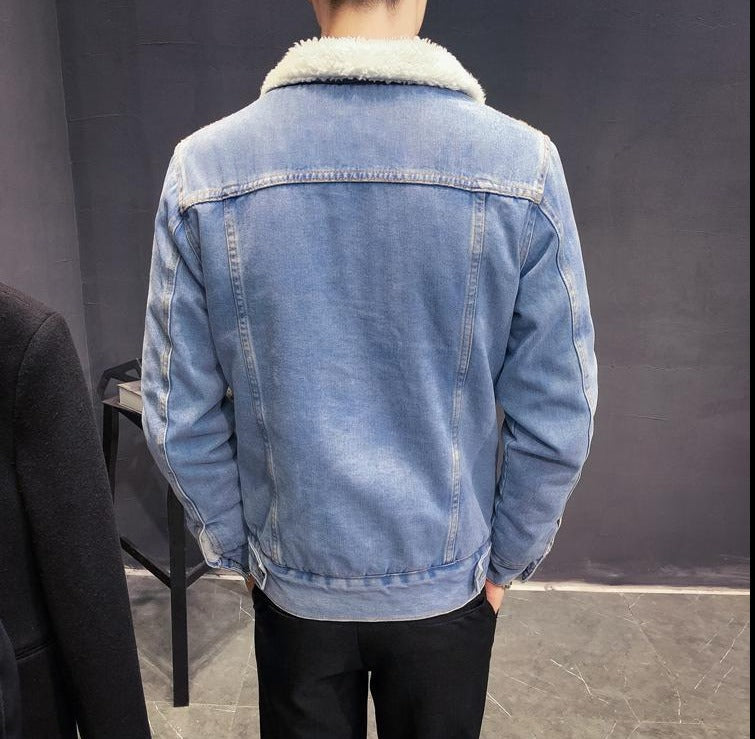 Antonios Ben Denim Jacket with faux fur-lined collar, back view.