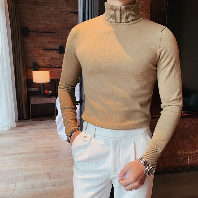 Antonios Perry Sweater in khaki color, men's casual elegant cotton sweater with solid pattern, ideal for cold seasons.