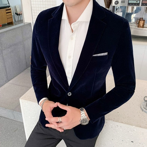Italy Velvet Blazer in navy, paired with a white dress shirt.