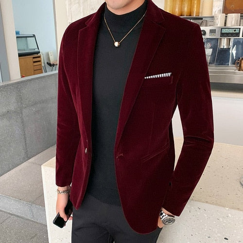 Italy Velvet Blazer in rich burgundy, styled with a black turtleneck and gold necklace, ideal for sophisticated outings.