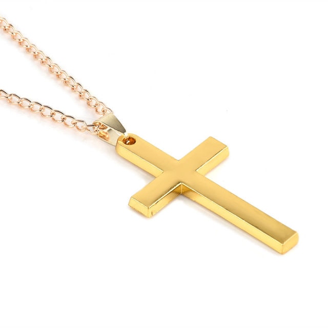 Stainless steel cross necklace with gold finish for men.