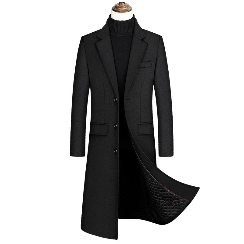 Antonios Long Slim Fit coat for men in black with elegant design, wool material, and solid pattern.