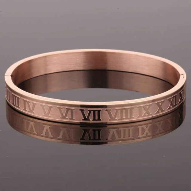 Antonios Roman Bracelet for men in polished stainless steel and copper with Roman numerals design.