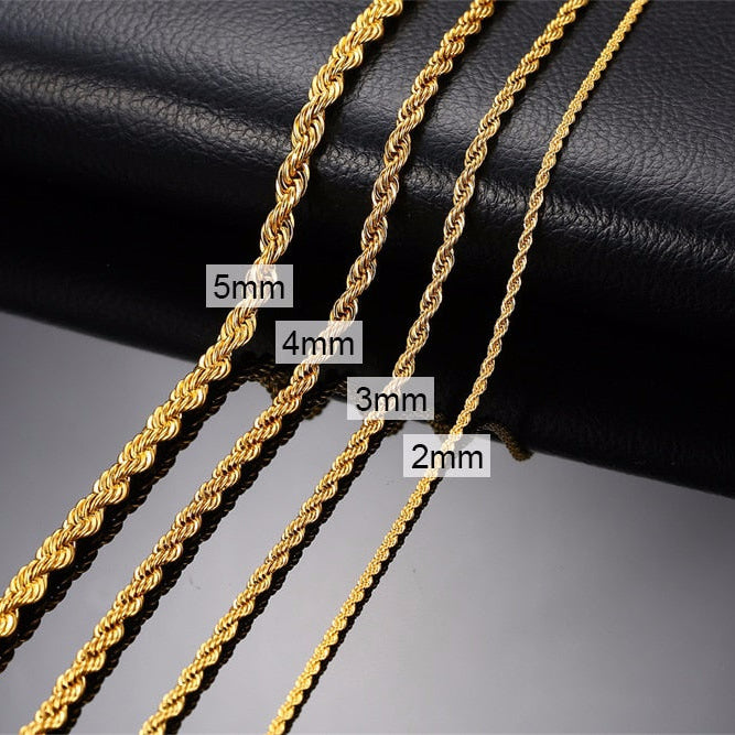 Antonios Twist stainless steel necklace in various thicknesses.