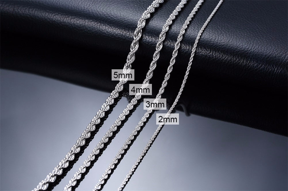 Stainless steel twisted necklaces in 2mm, 3mm, 4mm, and 5mm sizes on black leather backdrop.