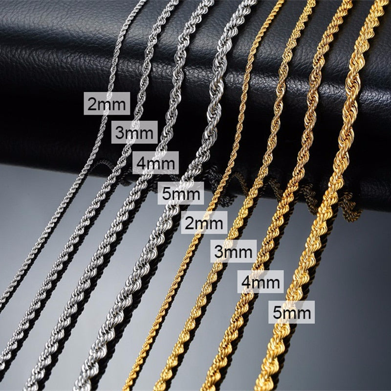 Various lengths and finishes of Antonios Twist Stainless Steel Necklace for men displayed on a black background.