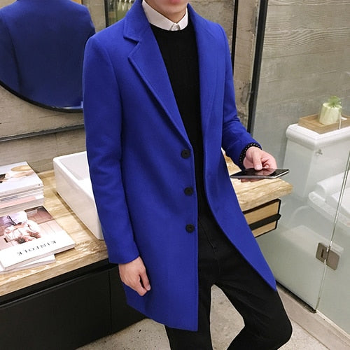 Antonios Casual Coat Men in blue, elegant and comfortable, worn with black outfit.