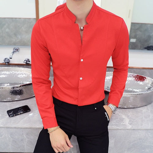 AntoniosClothing Elegant slim fit long sleeve shirt in red, smart casual style.