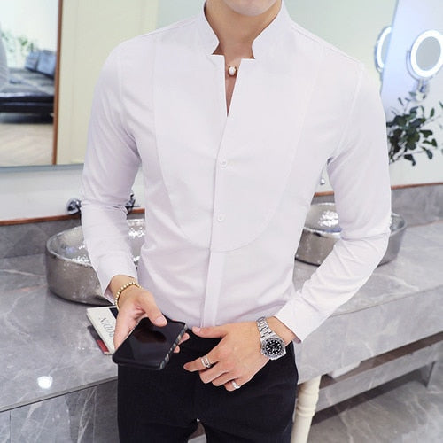 AntoniosClothing Elegant slim fit white long sleeve shirt on model, smart casual style.