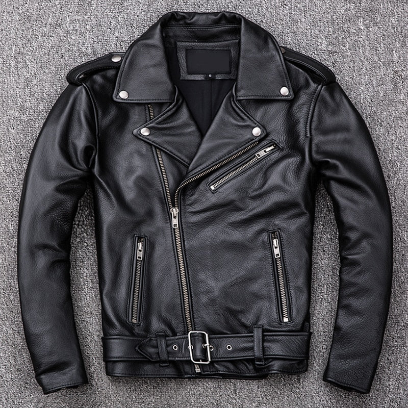 Antonio Natural Leather Jacket made from genuine leather, featuring a classic black design with zip and buckle details.