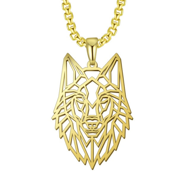 Antonios Wolf Pendant in gold-finish stainless steel with chain.