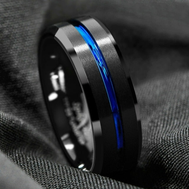 Antonios Classy Stainless Steel Ring for men with a sleek black polished band and striking blue gemstone, exuding sophistication and style.
