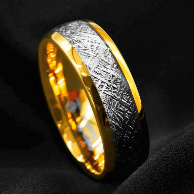 Antonios Classy Stainless Steel Ring for men with textured design and polished band on black background.