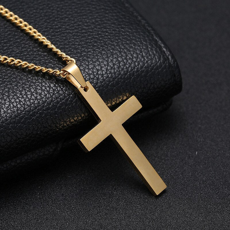 Antonios Cross Stainless Steel Necklace in polished finish on black background.