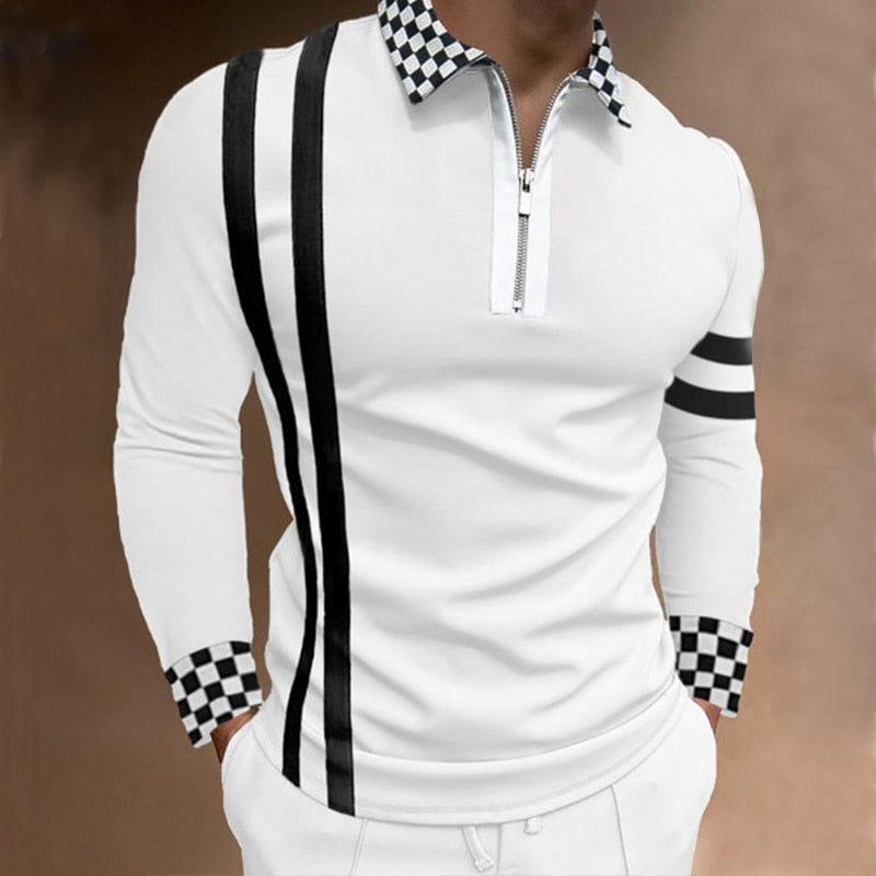 Versatil Modern T-Shirt in white with black stripes and checkered details.