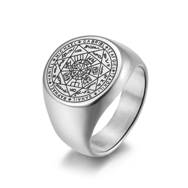 Ancient Stainless Steel Ring for men with intricate engraving and black diamond centerpiece.