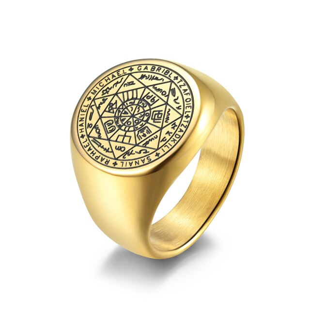 Ancient Stainless Steel Ring, gold signet with black diamond centerpiece, engraved band, for men.