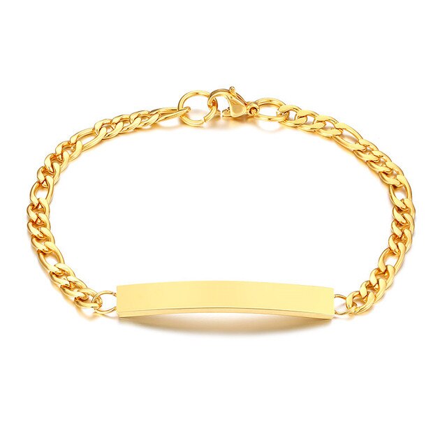 Mens gold chain bracelet with solid bar detail in minimalist design.