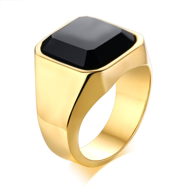 Gold-toned men's ring with black gemstone, Antonios Modern Stainless Steel.