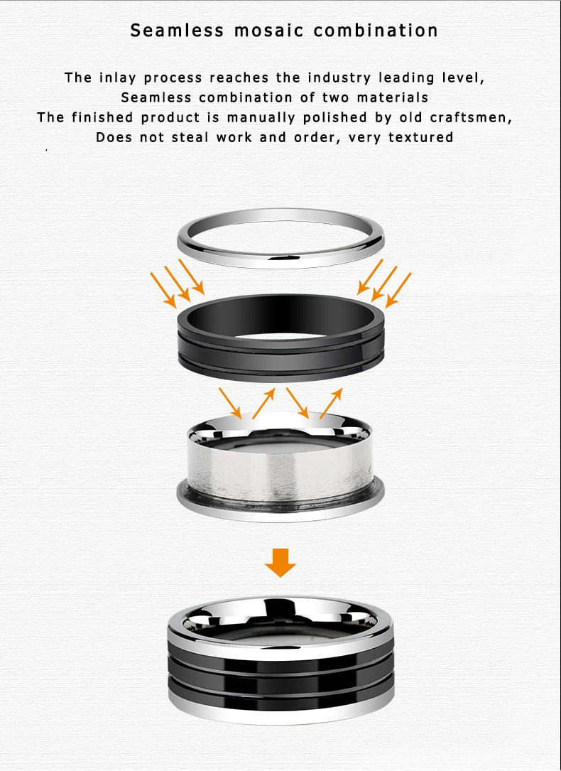 Seamless mosaic combination of Antonios Ceramic Hi-Tech Ring showcasing inlay process and material integration.