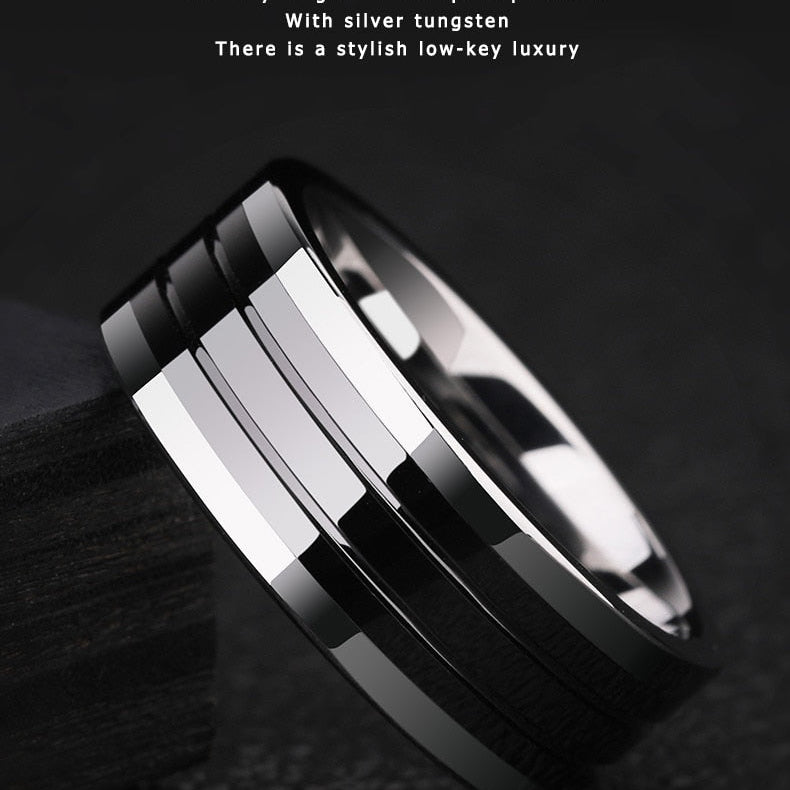 Antonios Ceramic Hi-Tech Ring for men with sleek black and silver design, crafted from ceramic, titanium, and stainless steel.