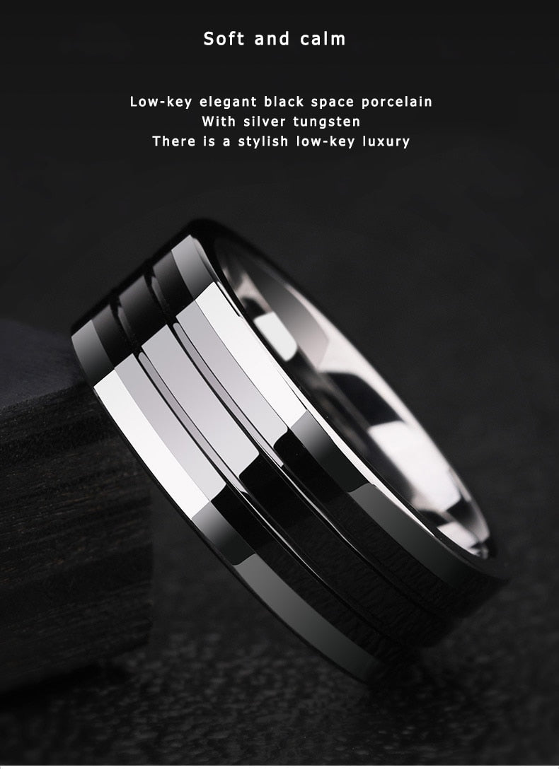 Antonios Ceramic Hi-Tech Ring for men with sleek black and silver design, crafted from ceramic, titanium, and stainless steel.
