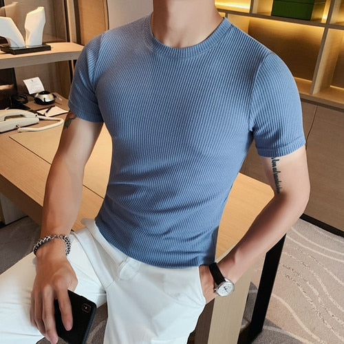 Spring Slim Fit T-Shirt in blue, casual style, 100% organic cotton, breathable, and comfortable.