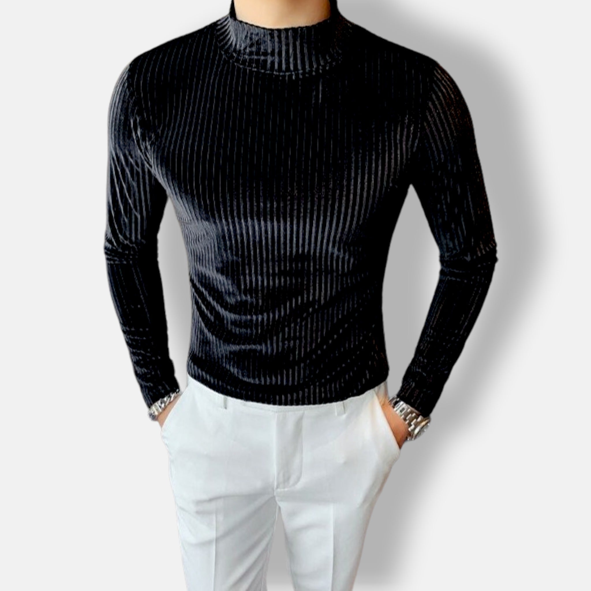 Antonios Velvet Winter Sweater, men's black striped, premium quality, keeps warm, casual and elegant style.