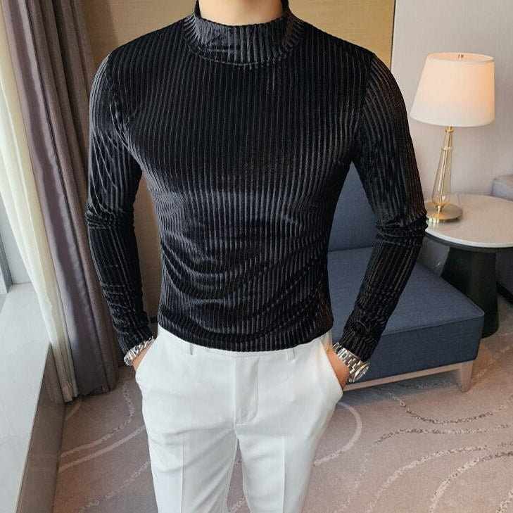 Antonios Velvet Winter Sweater in black, striped pattern, premium quality for men.