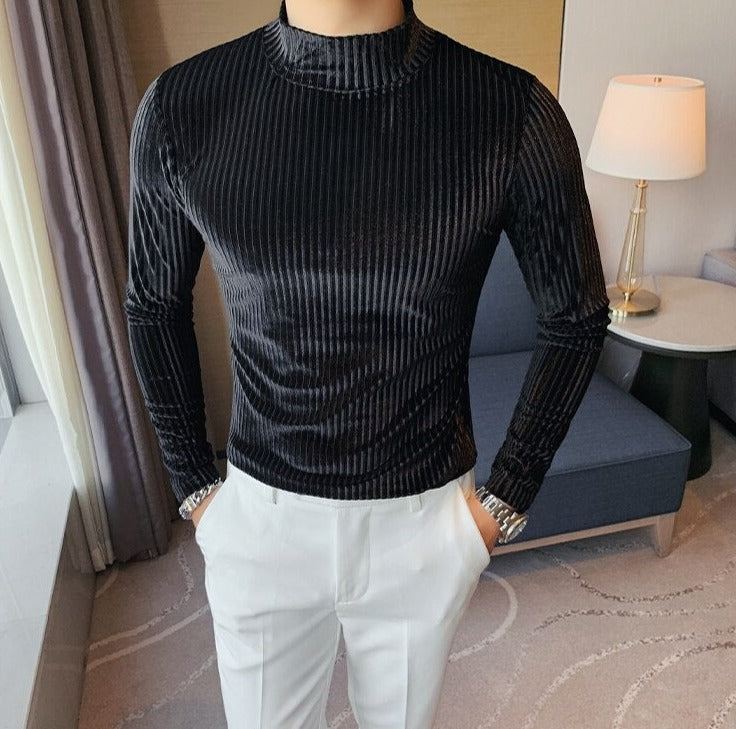 Antonios Velvet Winter Sweater in black, striped pattern, premium quality for men.