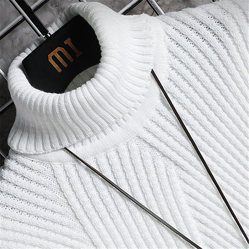 Elegant white turtleneck sweater with ribbed pattern, showcasing Antonios Turtleneck Sweater design.