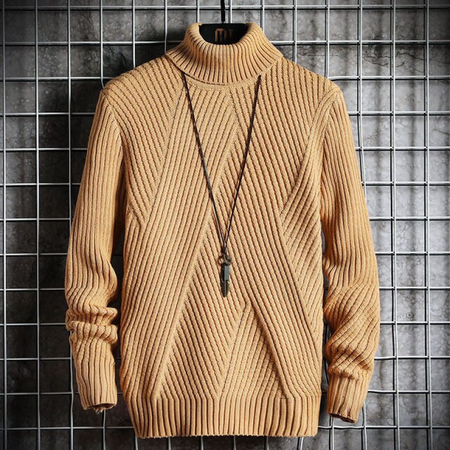 Antonios Turtleneck Sweater in beige with striped pattern.