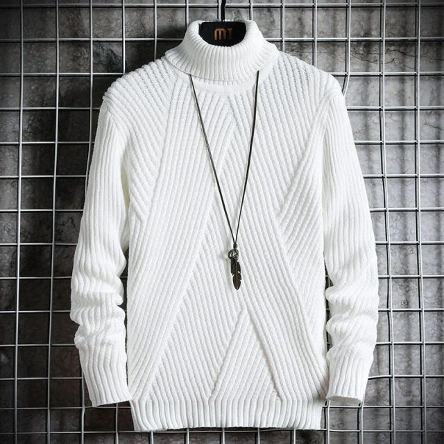 White Antonios Turtleneck Sweater with striped pattern hanging on hanger.