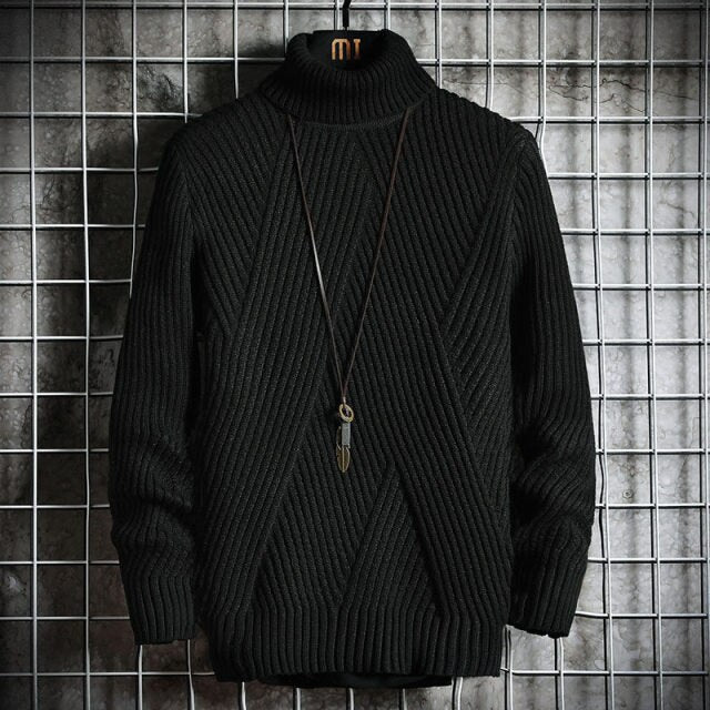 Antonios Turtleneck Sweater in black with a striped pattern, made from premium coarse wool.