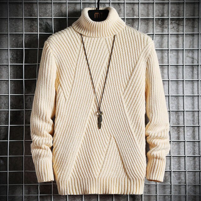 Antonios Turtleneck Sweater in beige with a striped pattern, displayed on a hanger.