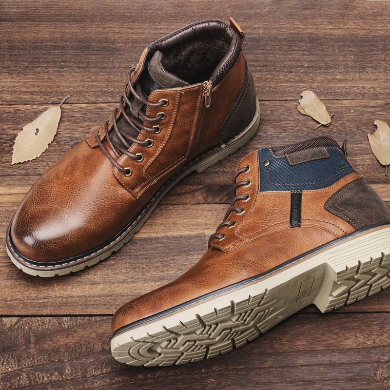 Stylish camel Antonios Hight Winter Boots for men on wooden surface.