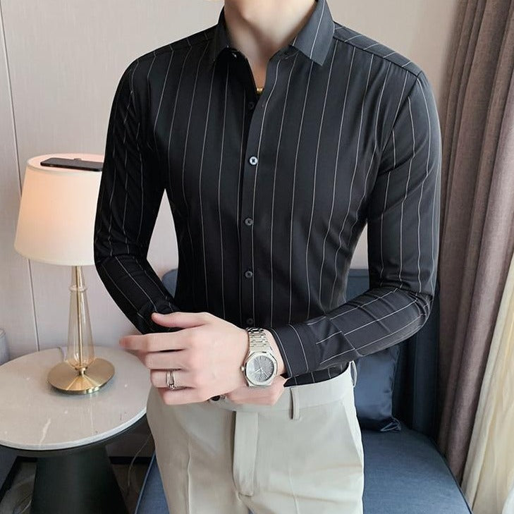 AntoniosClothing men's striped business shirt, black, classic collar, smart casual style.