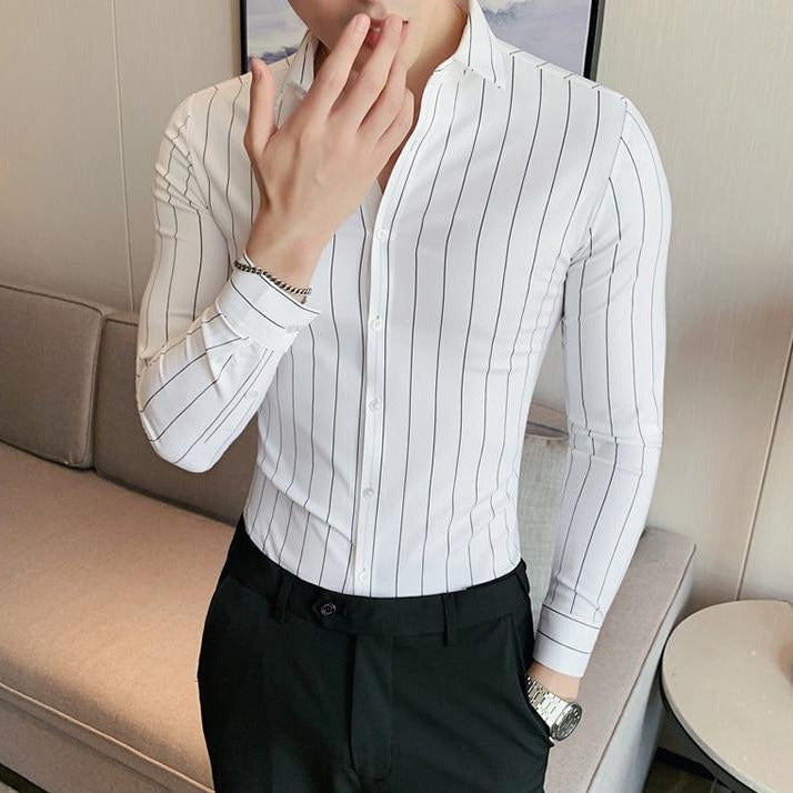 AntoniosClothing Men's Striped Business Shirt with classic collar in white.