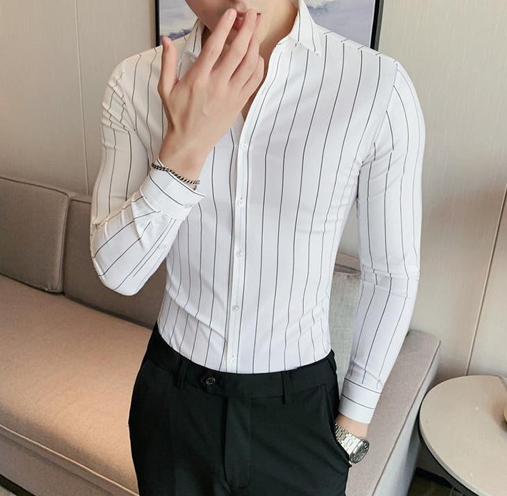 AntoniosClothing Men's Striped Business Shirt with classic collar in white.