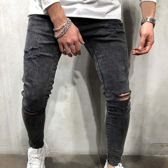 Antonios Skinny Denim Jeans in dark wash with distressed details.