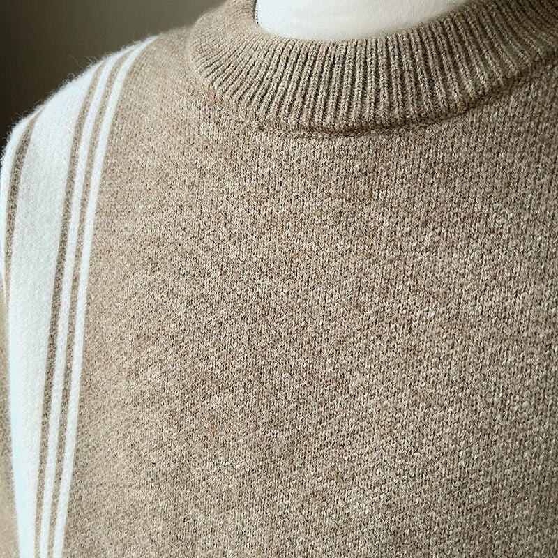 Antonios O-Neck Homme Sweater in khaki with striped pattern and premium cotton material.