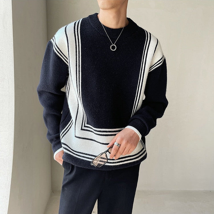 Antonios O-Neck Homme Sweater in black, featuring striped pattern, 100% cotton.
