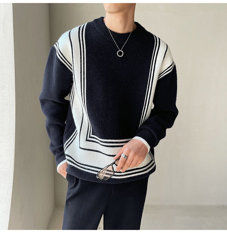 Antonios O-Neck Homme Sweater in black, featuring striped pattern, 100% cotton.