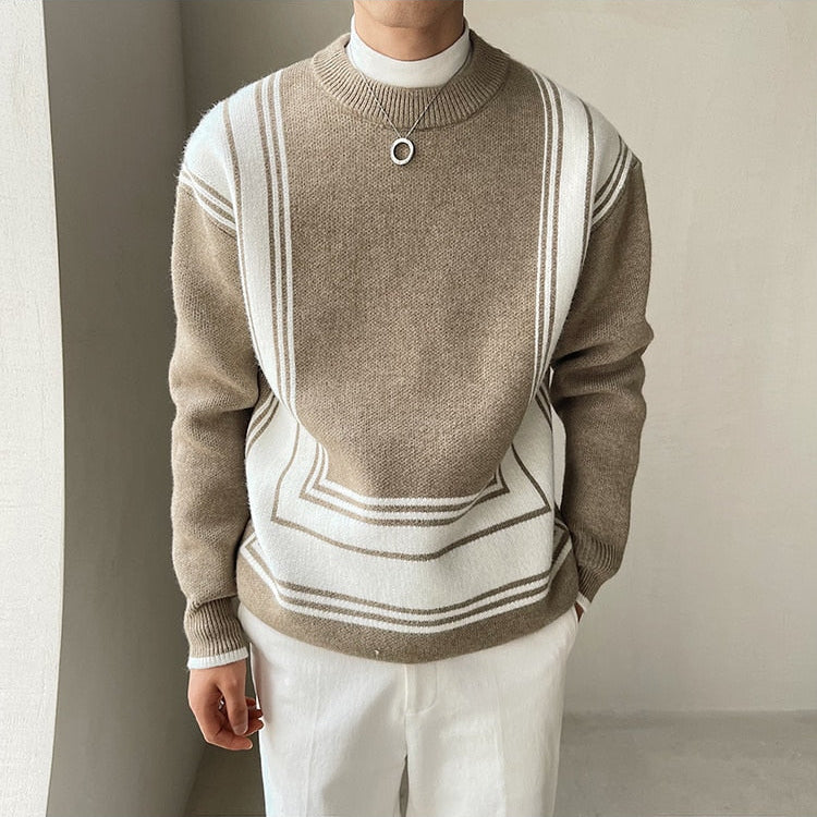 Antonios O-Neck Homme Sweater in khaki with striped pattern, 100% cotton, casual elegant design.