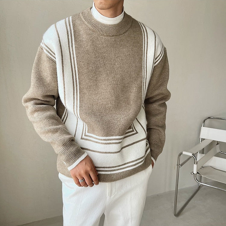 Antonios O-Neck Homme sweater in khaki with striped pattern, casual elegant style, 100% cotton.