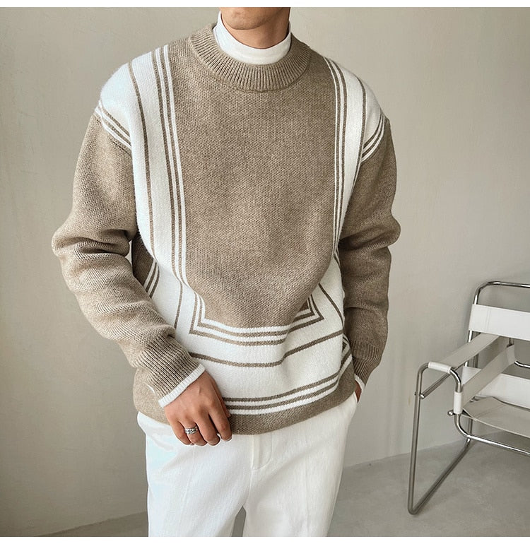 Antonios O-Neck Homme sweater in khaki with striped pattern, casual elegant style, 100% cotton.