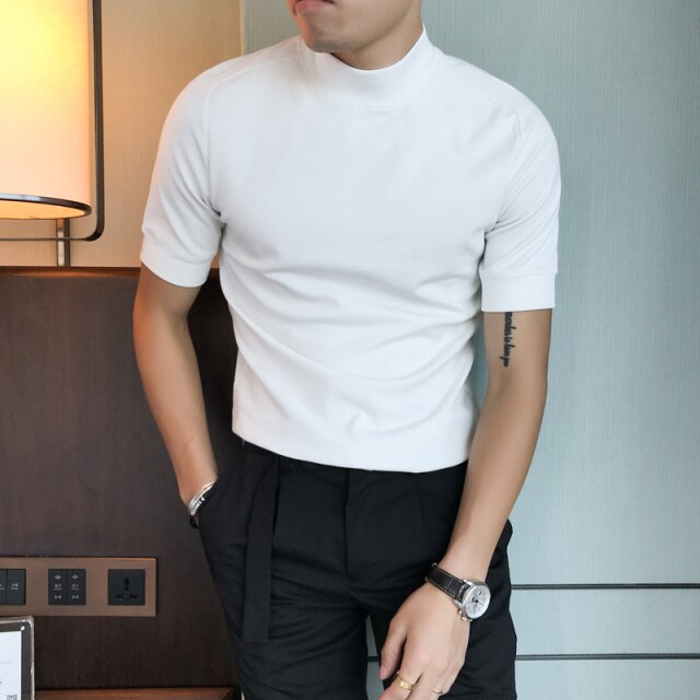 White streetwear turtleneck t-shirt for men made from organic cotton, perfect for casual or smart casual outfits.
