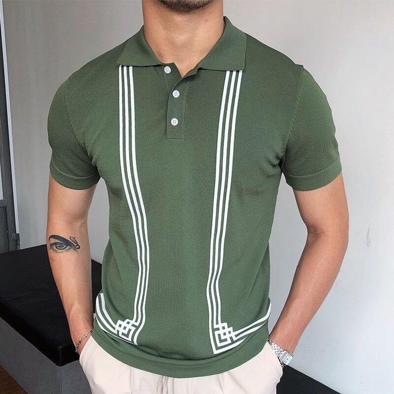 Green and white striped polo t-shirt for men, made of organic cotton, perfect for smart casual summer wear.