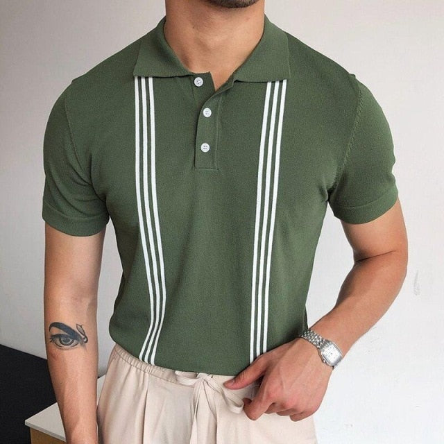 Green and white striped polo T-shirt for men, made of organic cotton, perfect for smart casual summer style.